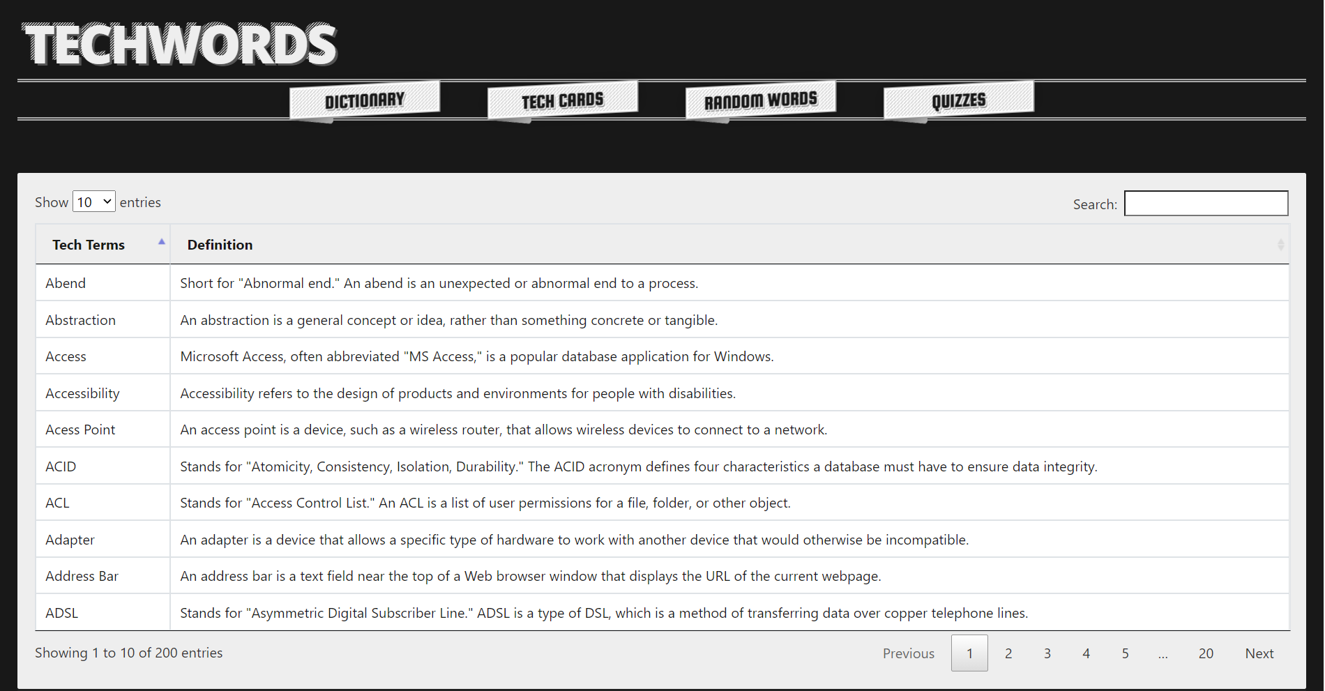 Tech Words Dictionary Website